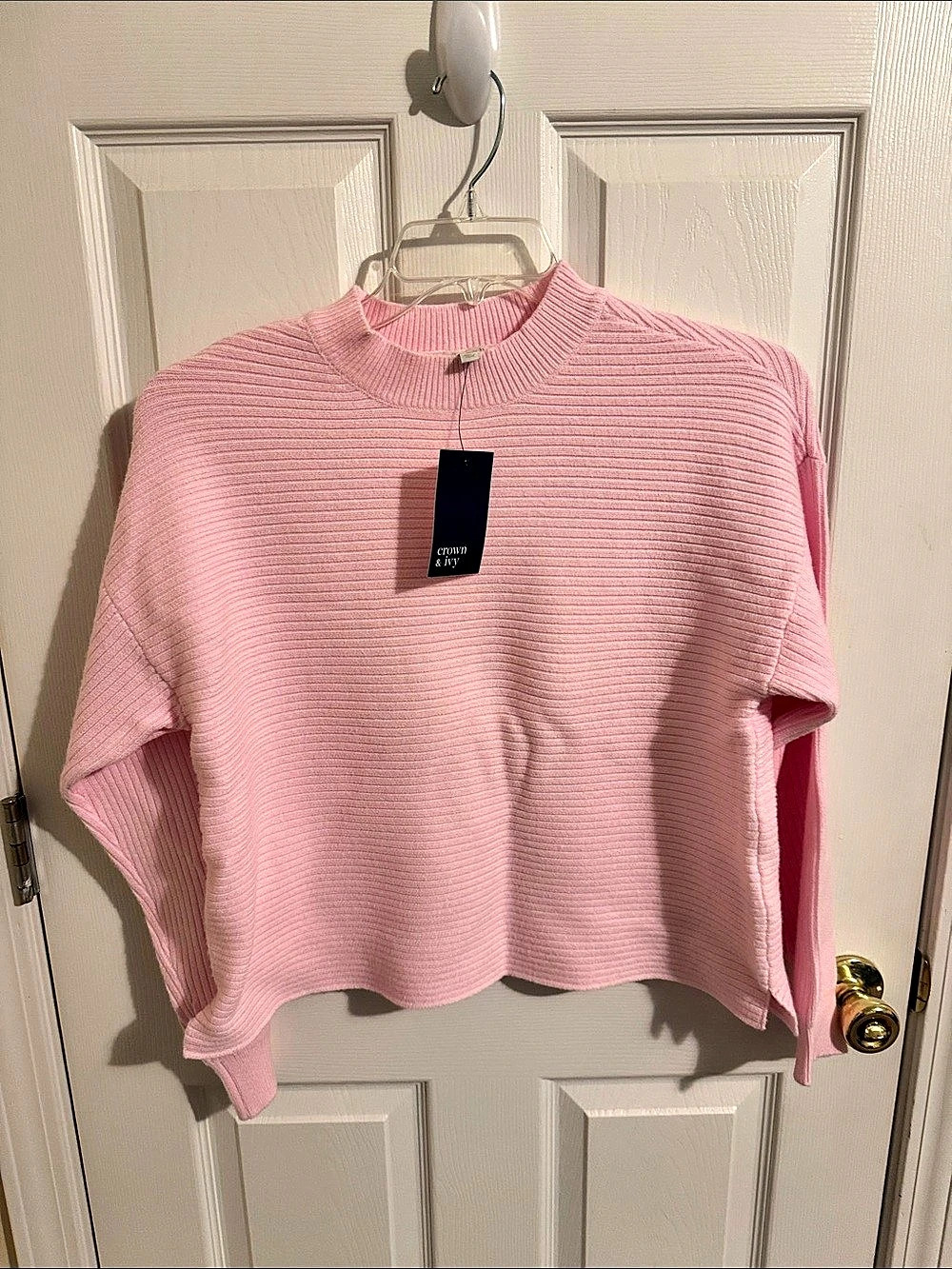 Crown & Ivy Mock Neck Ribbed Sweater Pink Medium